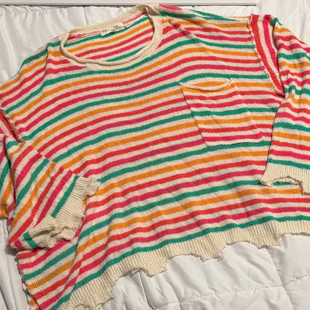 Peach Love California Vibrant Striped Sweater distressed look